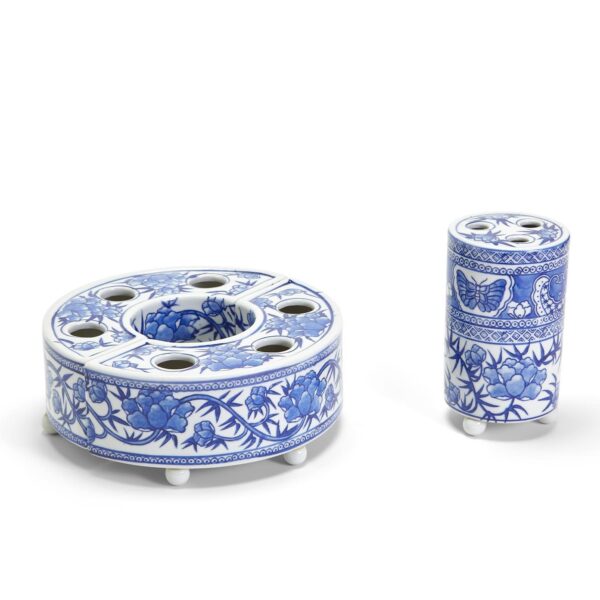 Two's Company - 3 Piece Blue and White Hand-Painted Floral Arranger