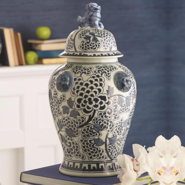 Two's Company - Blue and White Peony Flower Covered Temple Jar