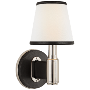 Riley Single Sconce in Polished Nickel and Chocolate Leather with Leather Trimmed Linen Shades