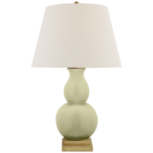 Gourd Form Small Table Lamp in Celadon Crackle with Linen Shade