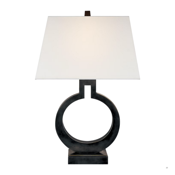 Ring Form Small Table Lamp in Bronze with Linen Shade