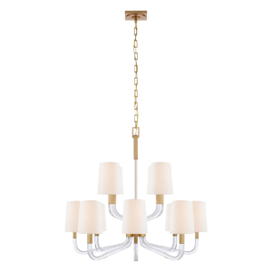 Reagan Medium Two Tier Chandelier in Antique-Burnished Brass and Crystal with Linen Shades