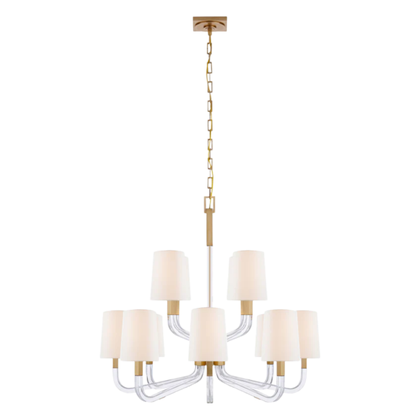 Reagan Medium Two Tier Chandelier in Antique-Burnished Brass and Crystal with Linen Shades