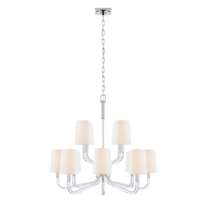Reagan Medium Two Tier Chandelier in Polished Nickel and Crystal with Linen Shades