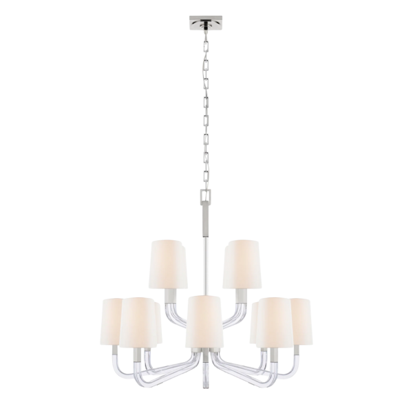 Reagan Medium Two Tier Chandelier in Polished Nickel and Crystal with Linen Shades